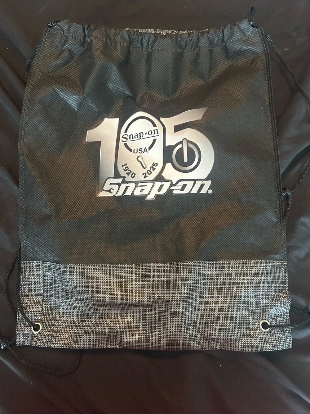 Snap-on Black Drawstring Backpack with Silver 105th Logo